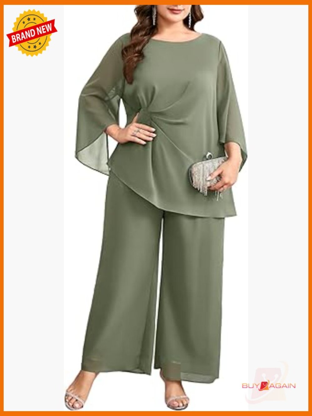 Plus Size 2 Piece Chiffon Pant Suit Set Asymmetric Ruched Top Wide Leg Pants